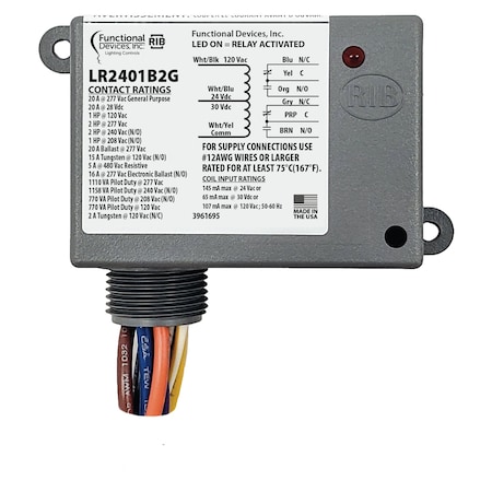 Functional Devices-Rib General Purpose Lighting Relay, 24 Vac/dc 120Vac Input, DPDT relay wit LR2401B2G